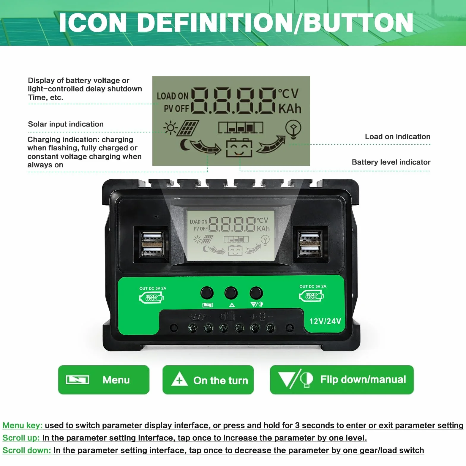 Regulador de Carga Solar 12V/24V Identificación Automática Controlador de Carga Solar MPPT 60A con 4 Puertos USB Pantalla LCD Regulador Solar Regulador de Panel Solar para Baterías de Plomo-ácido