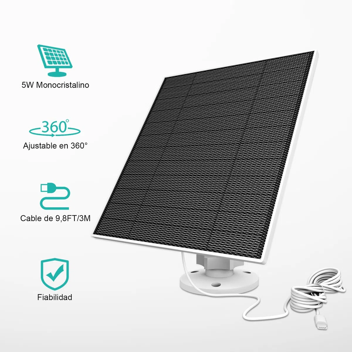 Panel Solar para Cámara Eufy, 5W Cargador Solar Compatible Con Eufycam 3/3C/2/2 Pro/2C/2C Pro/E/E20/E40/L20/L40, Con Puerto Usb-C, Adaptador Micro Usb, Resistente Al Agua IP65
