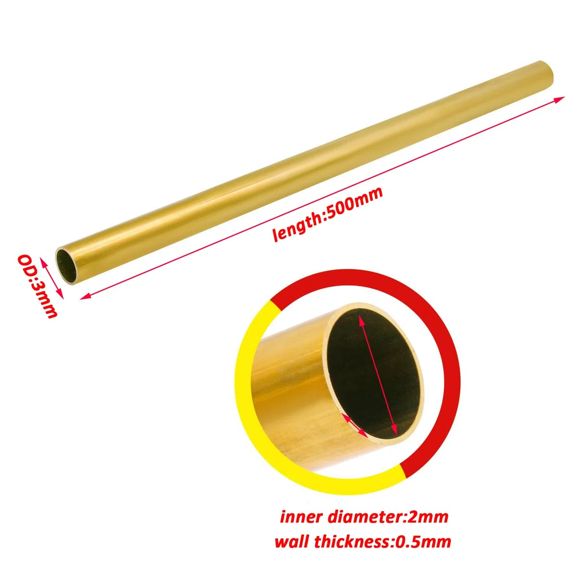 2 Piezas de Tubo Redondo de latón de 500 mm de Longitud OD 3 mm, 3,5 mm, Tubo de latón de 4 mm para Manualidades de Bricolaje,3mm*0.5mm