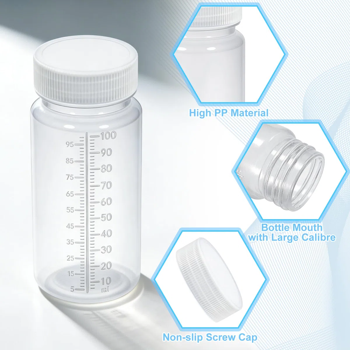 HavaCue 8 Piezas 100ml Botellas de Plástico de Boca Ancha con Escala, Transparente Botella de Reactivos de Boca Ancha, Botella de Laboratorio avec Jeringa y Pegatinas para Laboratorio, Escuela, Cocina