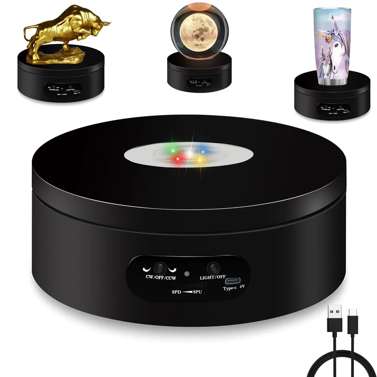 Base giratoria eléctrica 12cm Plataforma Rotatoria con iluminación LED giratoria eléctrica para fotografía de 360 Grados, Plato Giratorio para fotografía, grabación de vídeo, presentaciones de Joyas