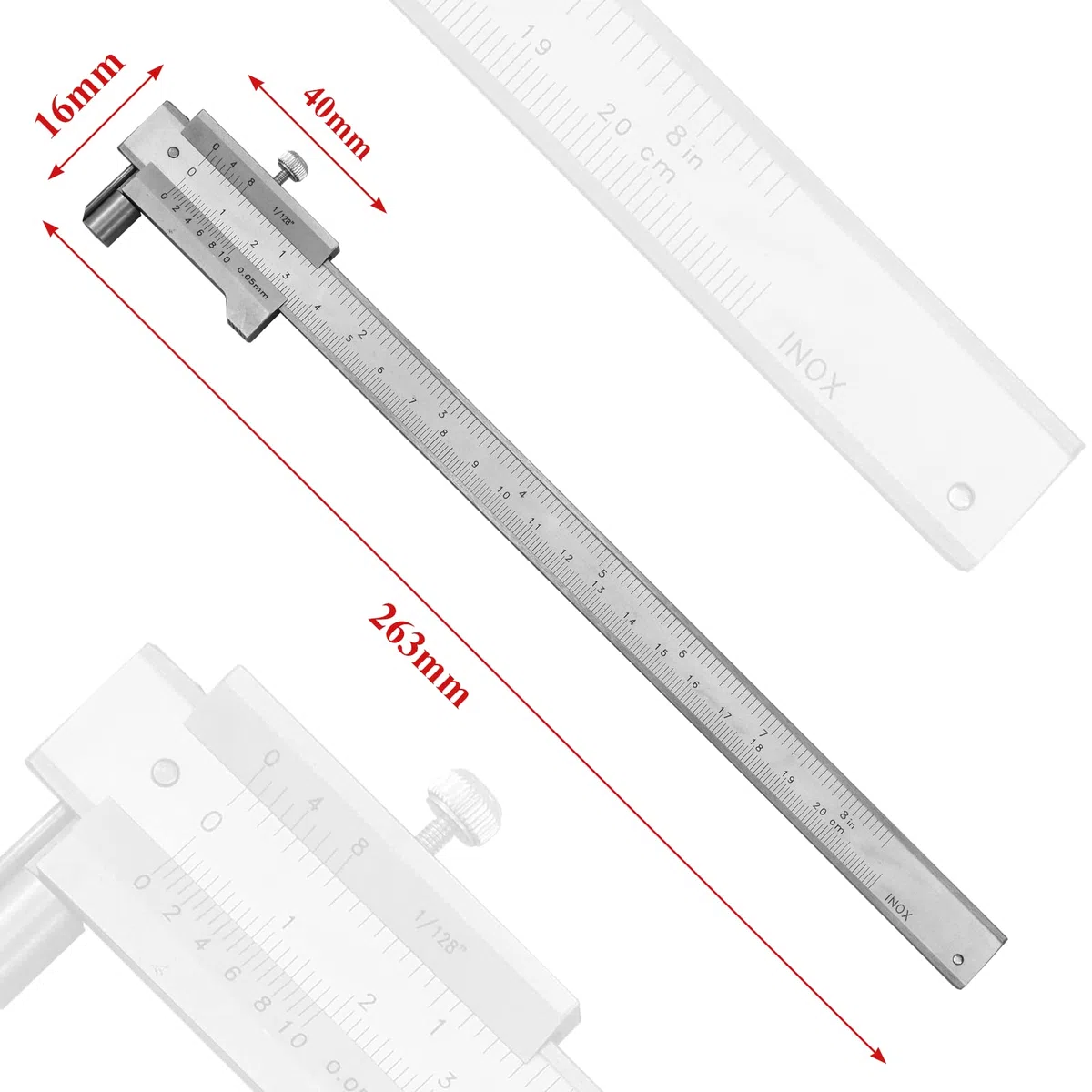 Calibre de 0-200 mm, con tornillo de bloqueo, acero inoxidable, herramienta de medición paralela