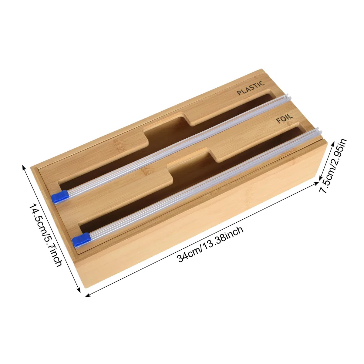 Dispensador de láminas 2 en 1 con cúter, cortador de papel, organizador de madera de bambú para cajón, incluye dispensador de pergamino y papel de aluminio