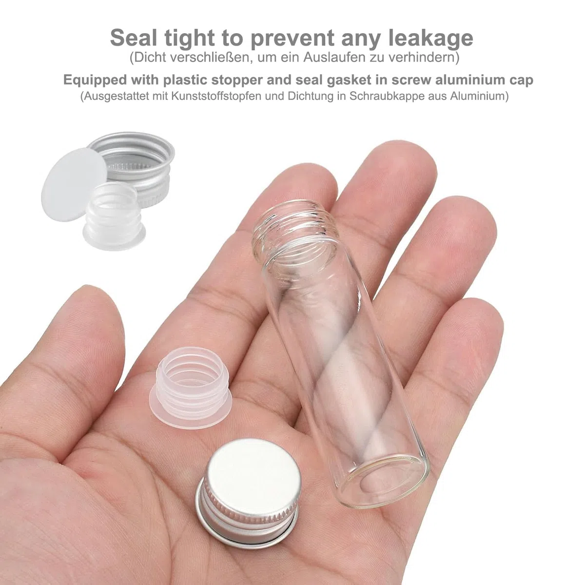 Tubo de Ensayo, ZEEROQOLAB 60 piezas 10ml Frascos de Vidrio Pequeños con Tapa de Aluminio, Frascos Transparentes para Muestras, Incluye Cepillo de Limpieza y Etiquetas Autoadhesivas