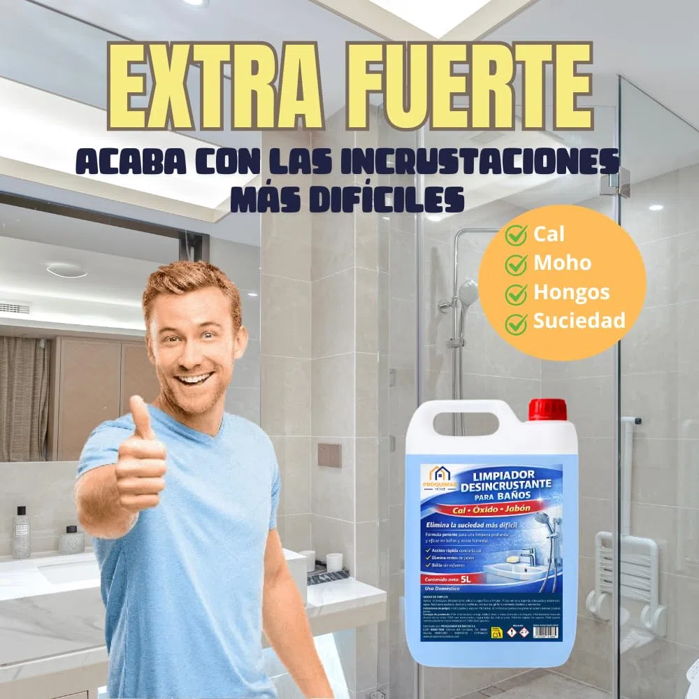 Limpiador Desincrustante para Baños, Elimina Cal, Moho y Suciedad Difícil, Apto para Mamparas, Azulejos, Juntas y Acero Inoxidable, 5 Litros
