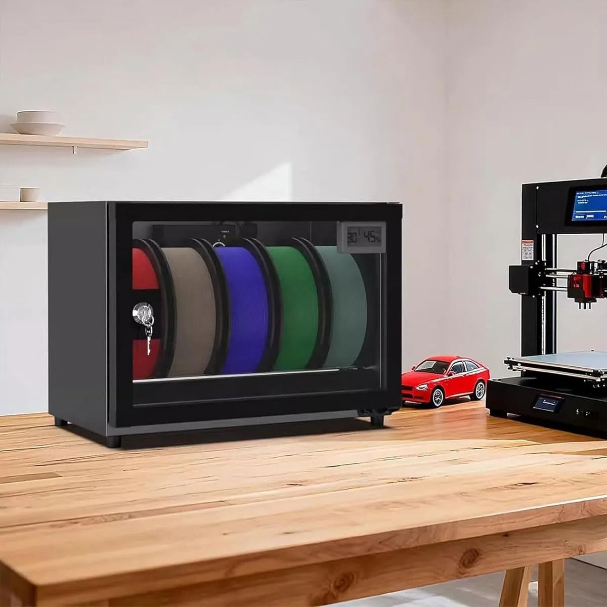 Caja de almacenamiento deshumidificador de filamento para impresora 3D con control de humedad ajustable, sostiene múltiples rollos, incluye bloqueo de seguridad para la conservación del material