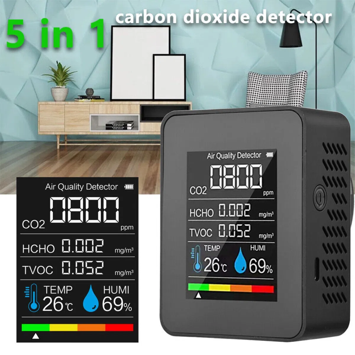 RANRAO Monitor de calidad de aire interior 5 en 1 para monitor de HCHO TVOC AQI medidor probador