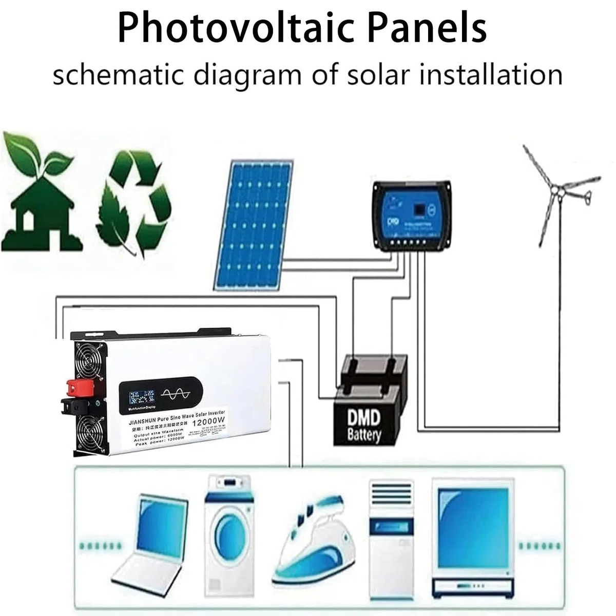 Inversor Solar Híbrido, Inversor de Corriente con Salida de Onda Sinusoidal Pura, 5000W-10000W, para Sistemas de Energía Solar y Uso en Exteriores 12V5000W