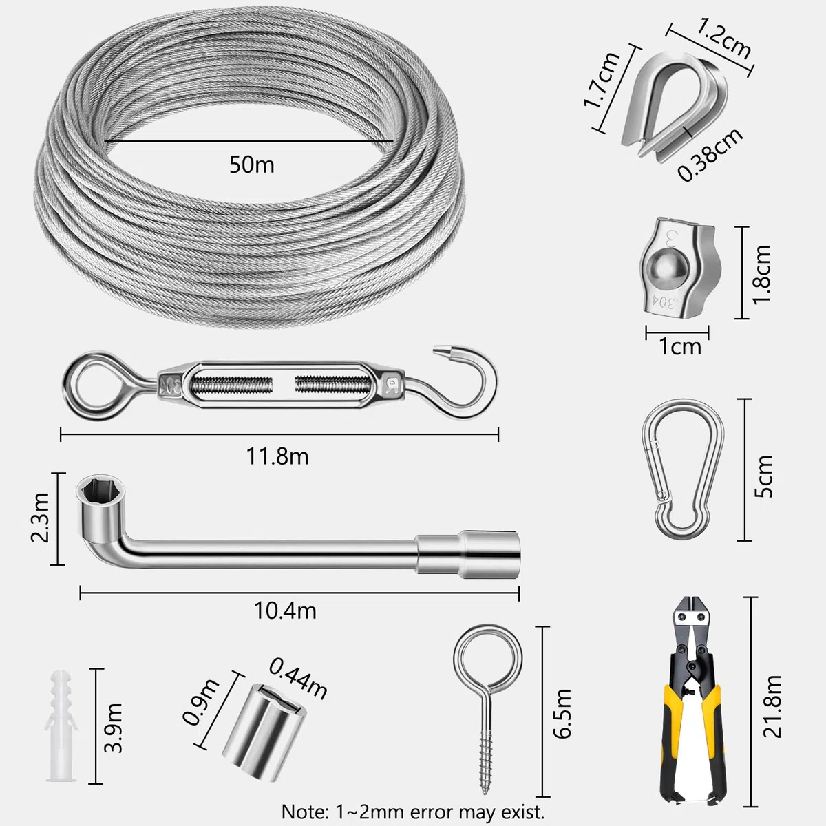 50M Cable Acero 2mm, 81pcs Cable de Acero Inoxidable 304 Recubierto de PVC con Cortador de Alambre, Tensores de Alambre Para Colgar Luces De Cadena,Toldos, Tendedero,Soporte Planta