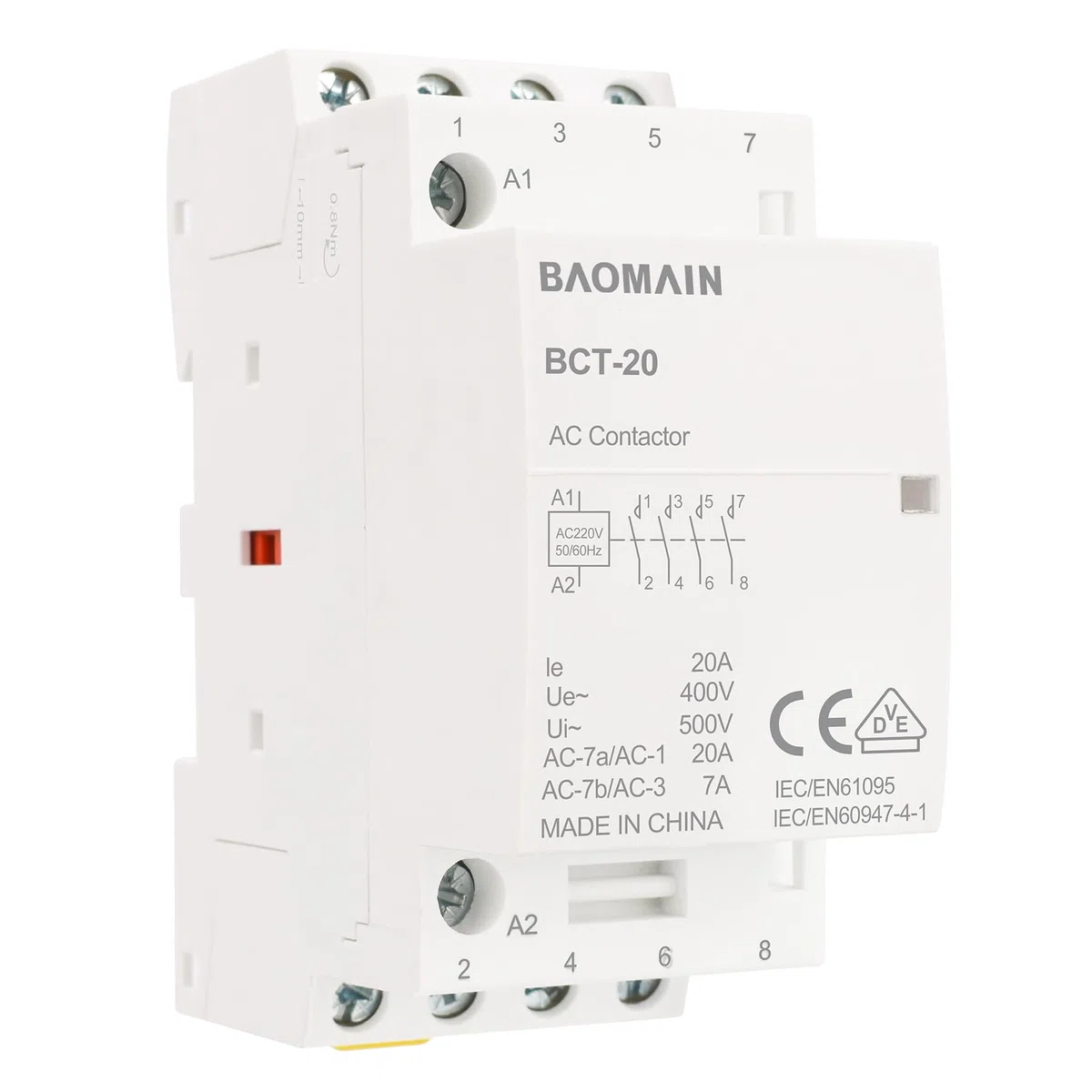 BAOMAIN Contactor AC 20A 4 Polos Normalmente Abiertos (4NA), Bobina 220V/240V, Contactor Modular para Carril DIN 35mm, Homologado VDE para Control de Iluminación y Motores,BCT-20