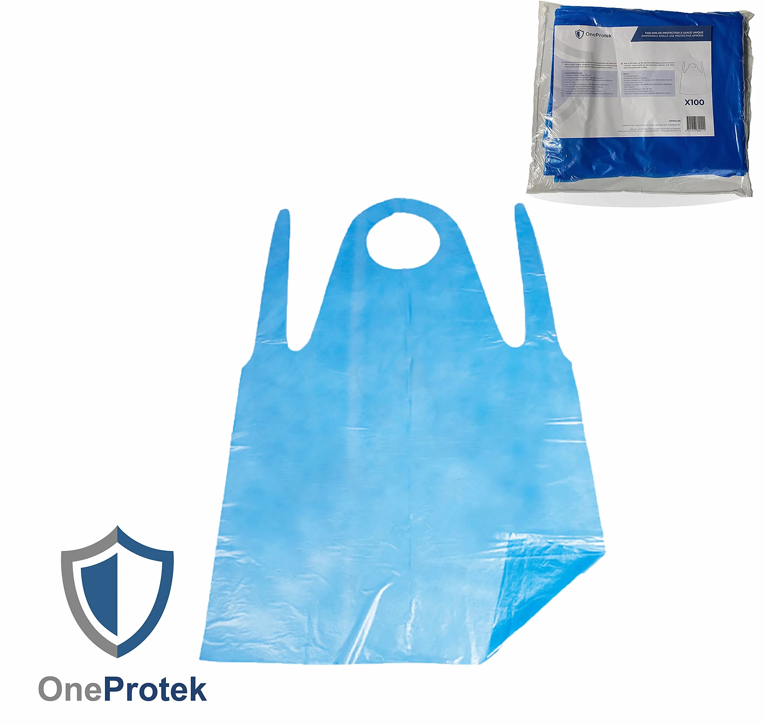 100 Delantales desechables PE Impermeables azules OneProtek - Polietileno (PE), 20 micras - Alta calidad, polivalente - Talla única (70x120 cm) - En bloque desprendible