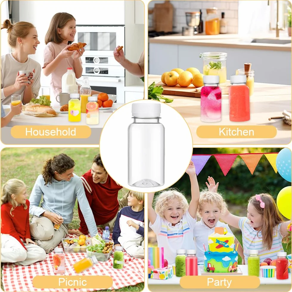 15 botellas de jugo con tapas, 100 ml, botellas pequeñas reutilizables de alto sellado, mini botellas de plástico con adhesivo para jugos de frutas, bebidas de agua (negro)