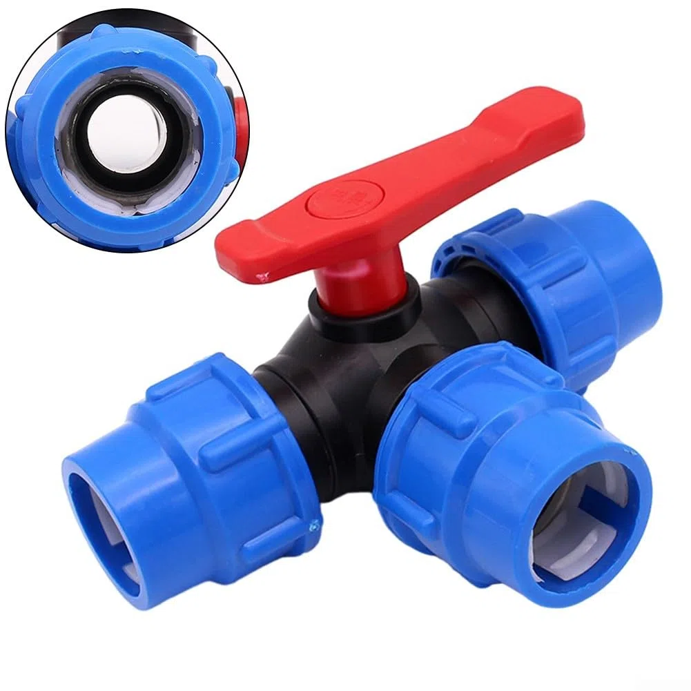 Lioaeust Válvula de Bola de 3 Vías, Material PE, 50mm, Cuerpo de Material PE, Color Negro+Azul, Accesorios para Suministro de Agua Doméstico e Industrial