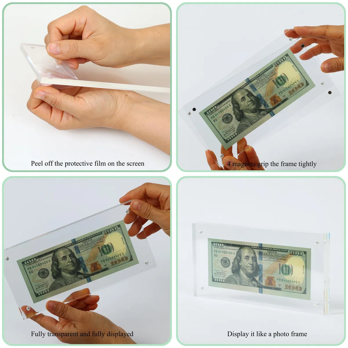 Marco de billetes de dólar acrílico para billetes de dólar de 3.9 x 7.8 pulgadas, marco grueso para exhibición de billetes de dólar, marco magnético para exhibición de billetes de dinero, fotos,