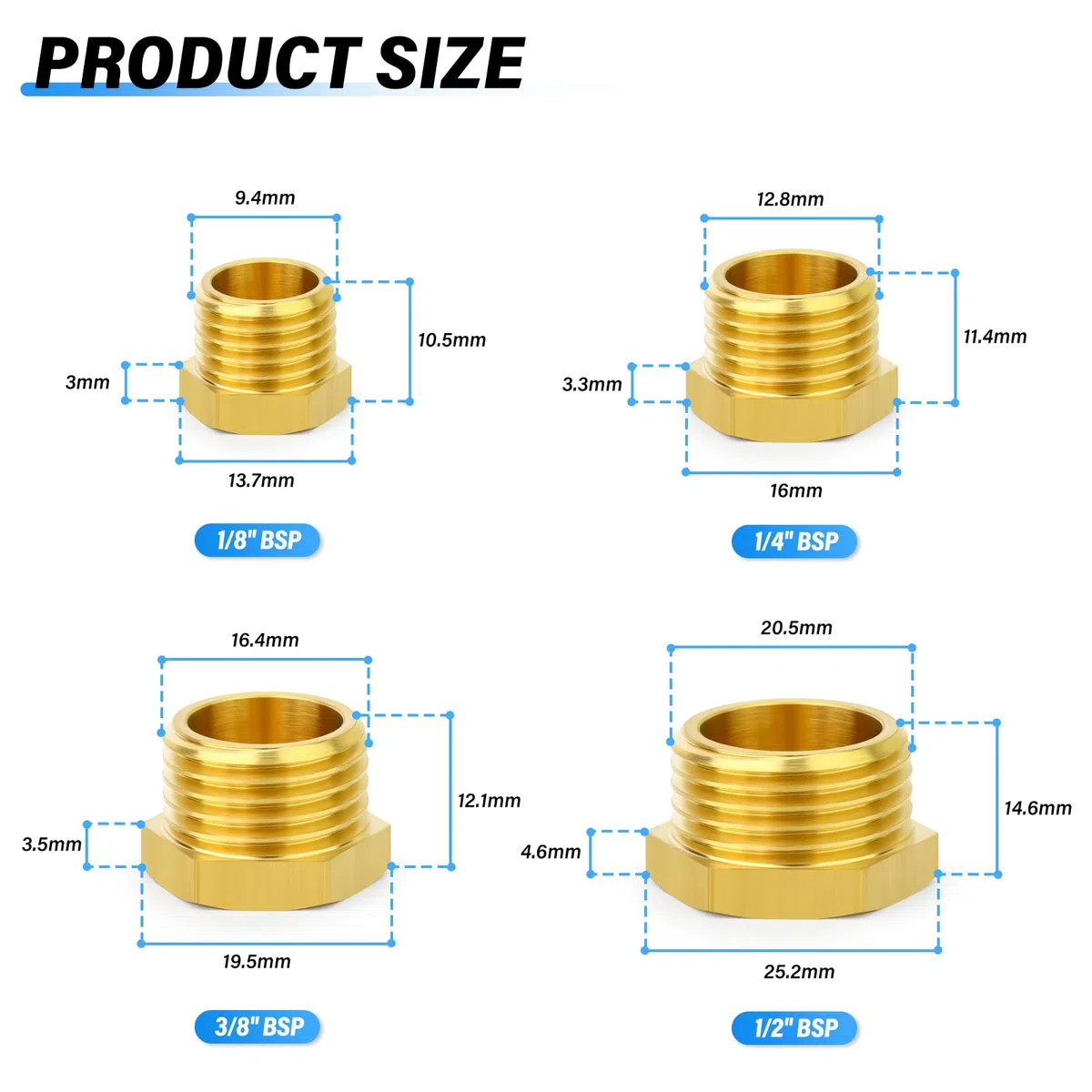 TAILONZ PNEUMATIC 20 Piezas Latón Rosca Externa Hexagonal Racor 1/8" 1/4" 3/8" 1/2" BSP Macho