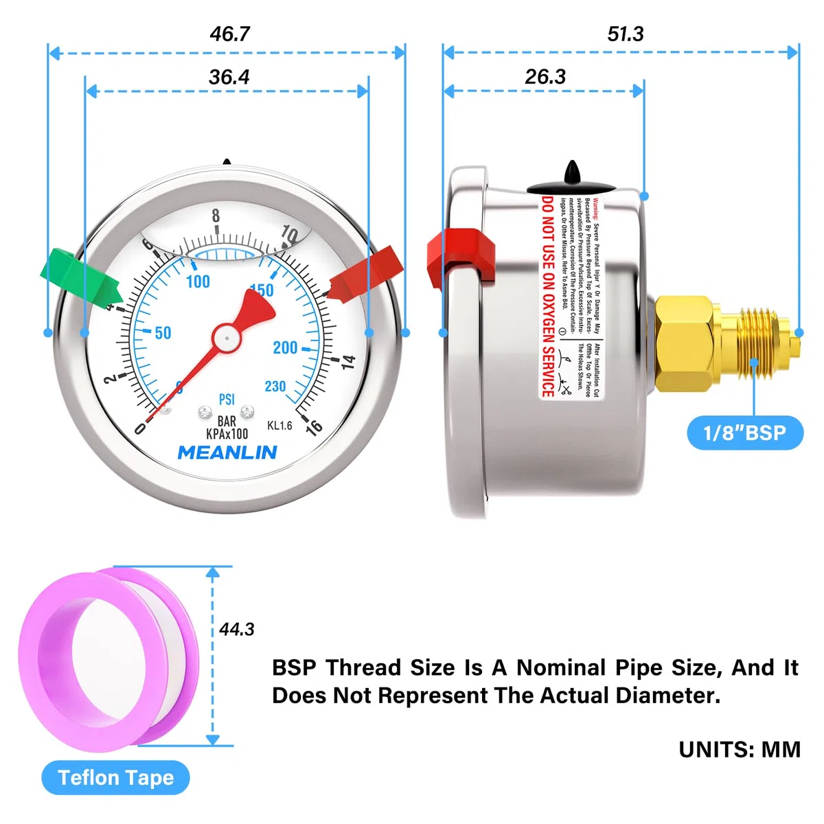 MEANLIN MEASURE 0~16Bar/0~230Psi Manómetro de 1/8" BSP con esfera de 1.5", manómetro de acero inoxidable relleno de líquido,Montaje posteriore(con 2 piezas de broches).