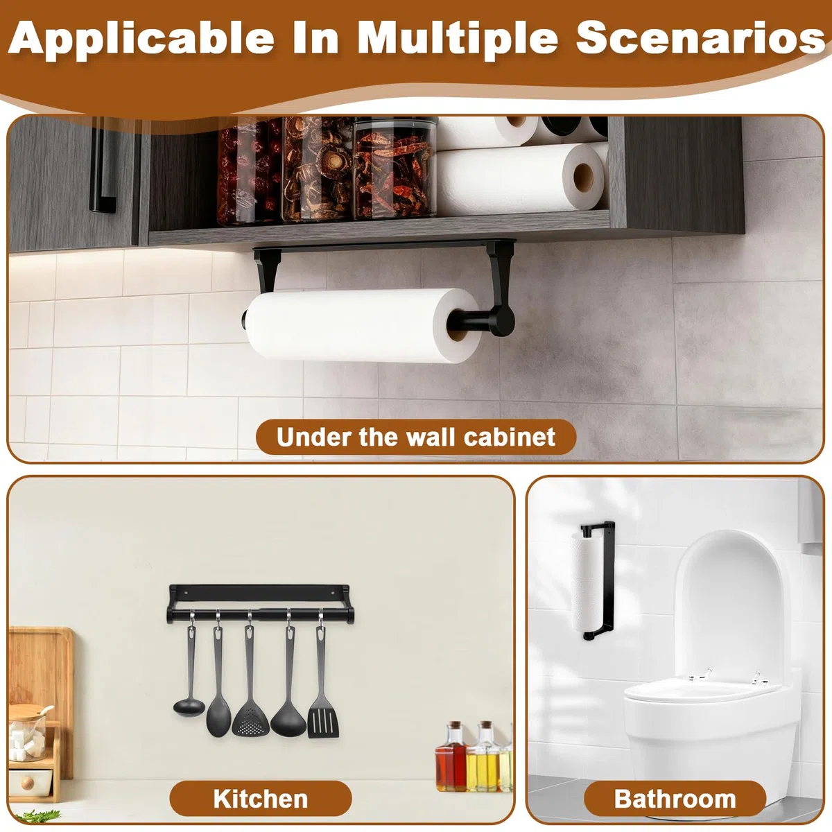 Portarrollos Papel Cocina, Soporte Papel Aleación Aluminio, Porta Rollo Montaje Pared Autoadhesivo y Perforación, Accesorios Higiénico, Porta Rollos para Baño & Salón (Negro)