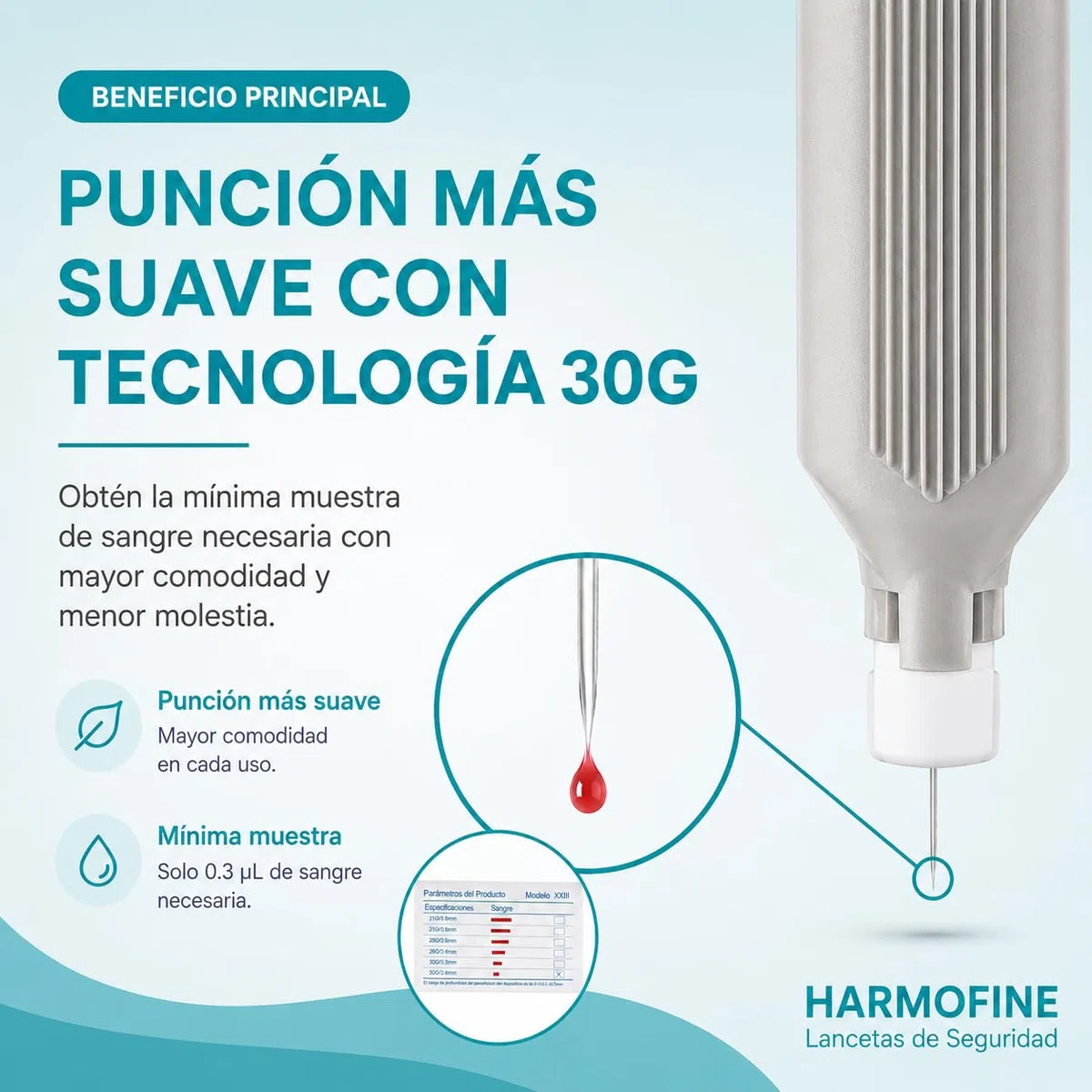Lancetas de Seguridad Desechables Harmofine 30G | Lancetas Esteriles Universales | Caja 100 Unidades | Uso Diario y Profesional | Compatibles con Dispositivos de Lectura | Diseño Cómodo y Práctico.