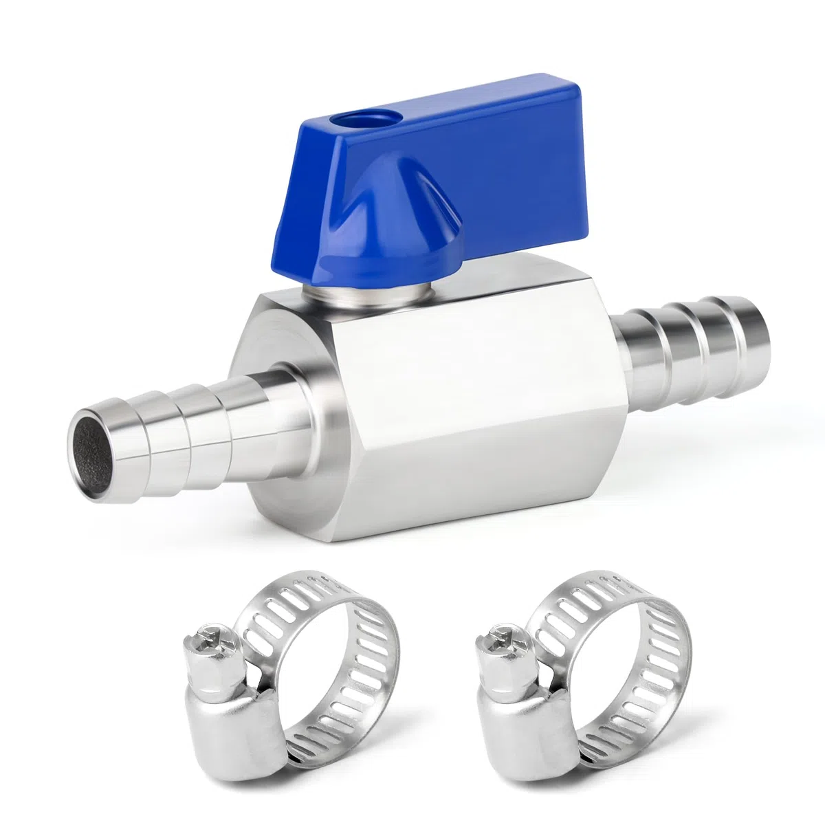 1Pcs 8MM Barb Válvula de bola con 2Pcs abrazaderas de manguera, 304 de acero inoxidable Mini válvula de cierre para el agua de gas combustible de riego por goteo y acuarios