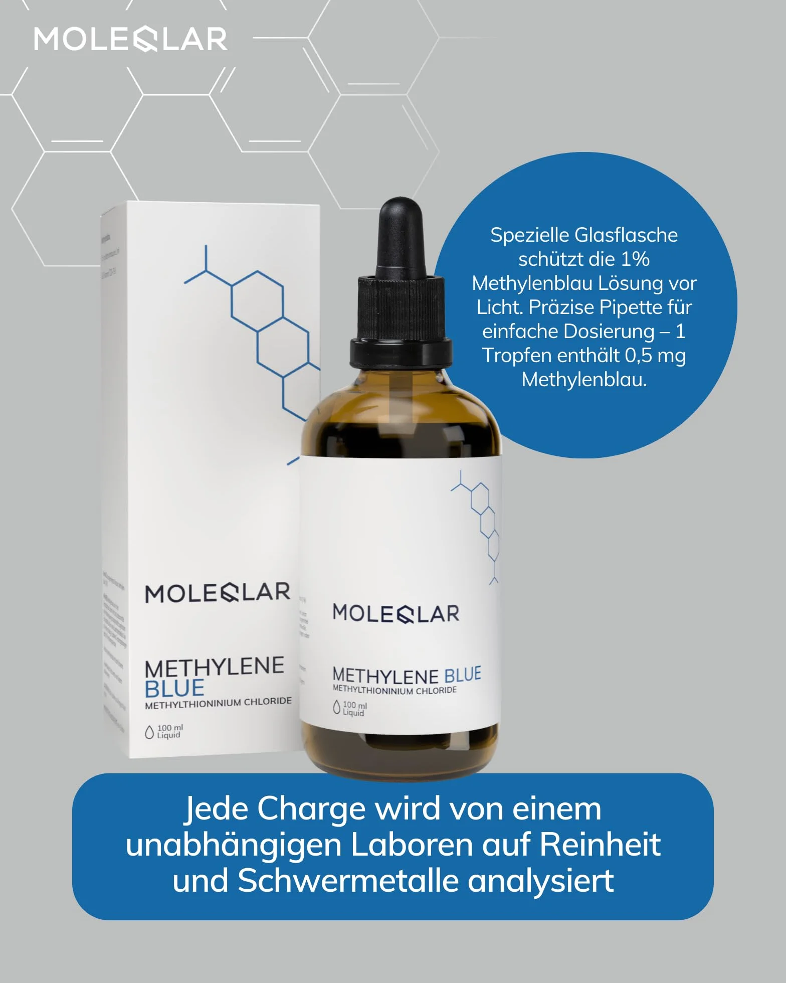 MoleQlar Azul de metileno 1% solución 100 ml – Calidad premium – Pharmacéuticamente puro – Probado en laboratorios alemanes independientes – Con pipeta – Fabricado en Alemania