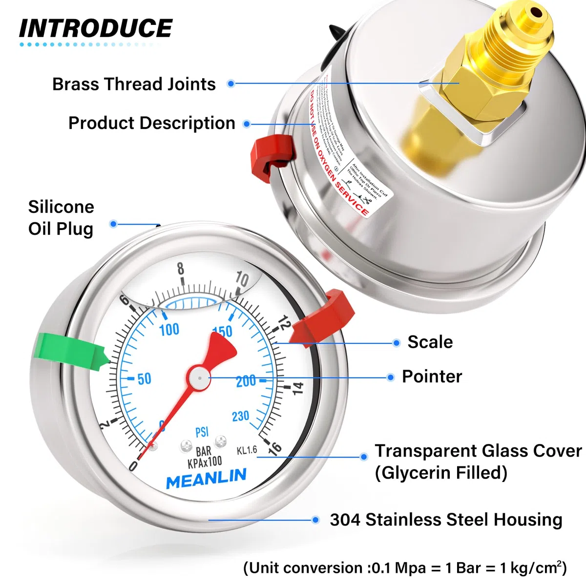 MEANLIN MEASURE 0~16Bar/0~230Psi Manómetro de 1/8" BSP con esfera de 1.5", manómetro de acero inoxidable relleno de líquido,Montaje posteriore(con 2 piezas de broches).