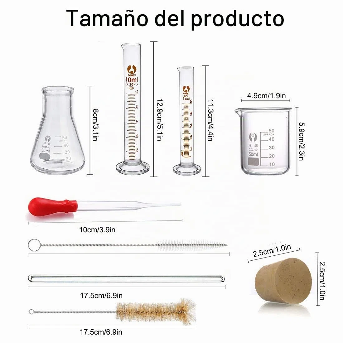 Juego de Matraz Erlenmeyer, JESSTOLO 50ml Matraces, 50ml Vídrio Graduado, 10ml/5ml Cilindros de Medición, con 3 Pipetas de Vidrio, 2 Cepillos de Limpieza y 2 Varillas de Agitación de Vidrio