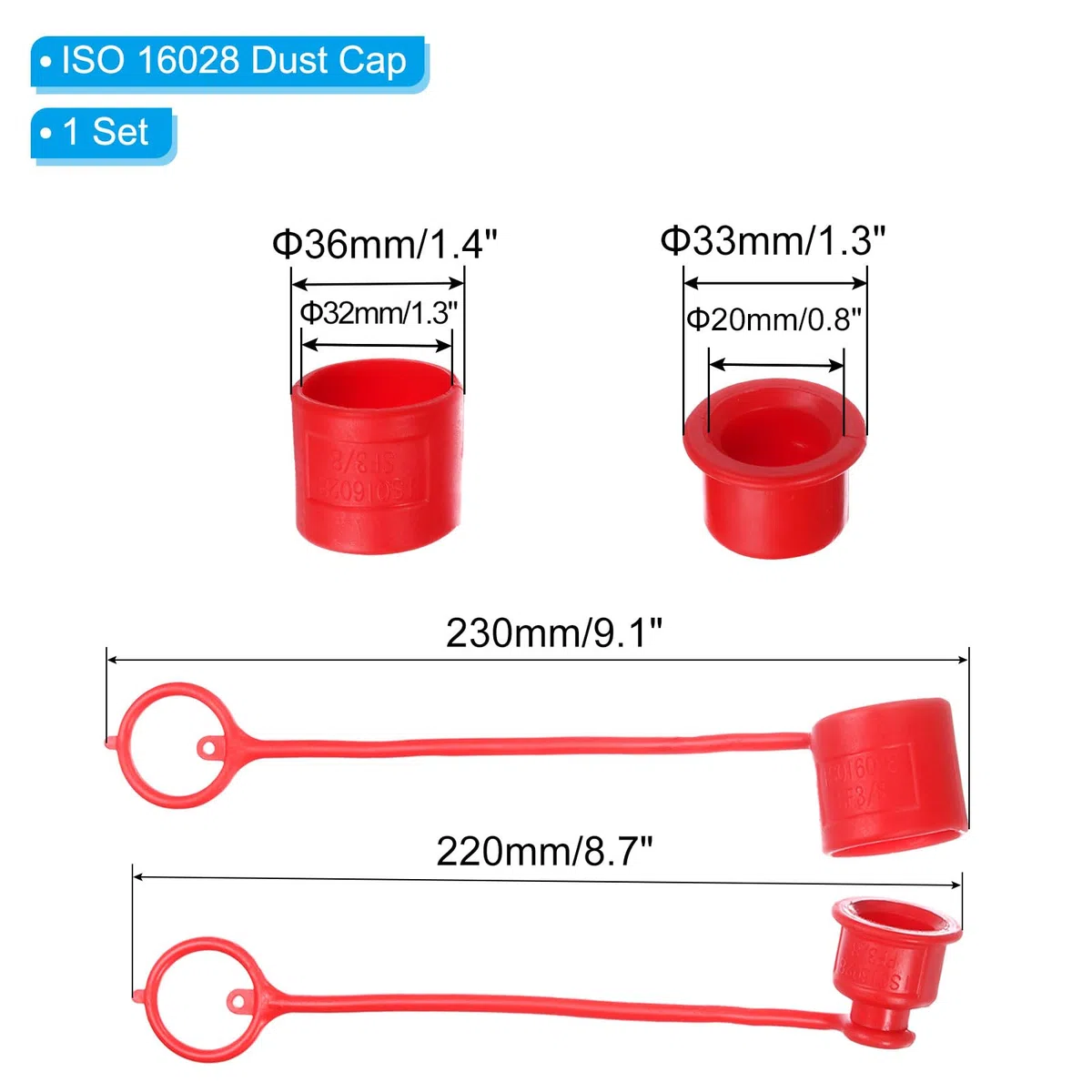 PATIKIL 3/8" ISO 16028 Plana Cara Hidráulico Acoplador Macho Antipolvo Tapa y Hembra Enchufe Cubierta 2 Conjunto Hidráulico Enchufe Cubierta con Retención Anillo Rojo