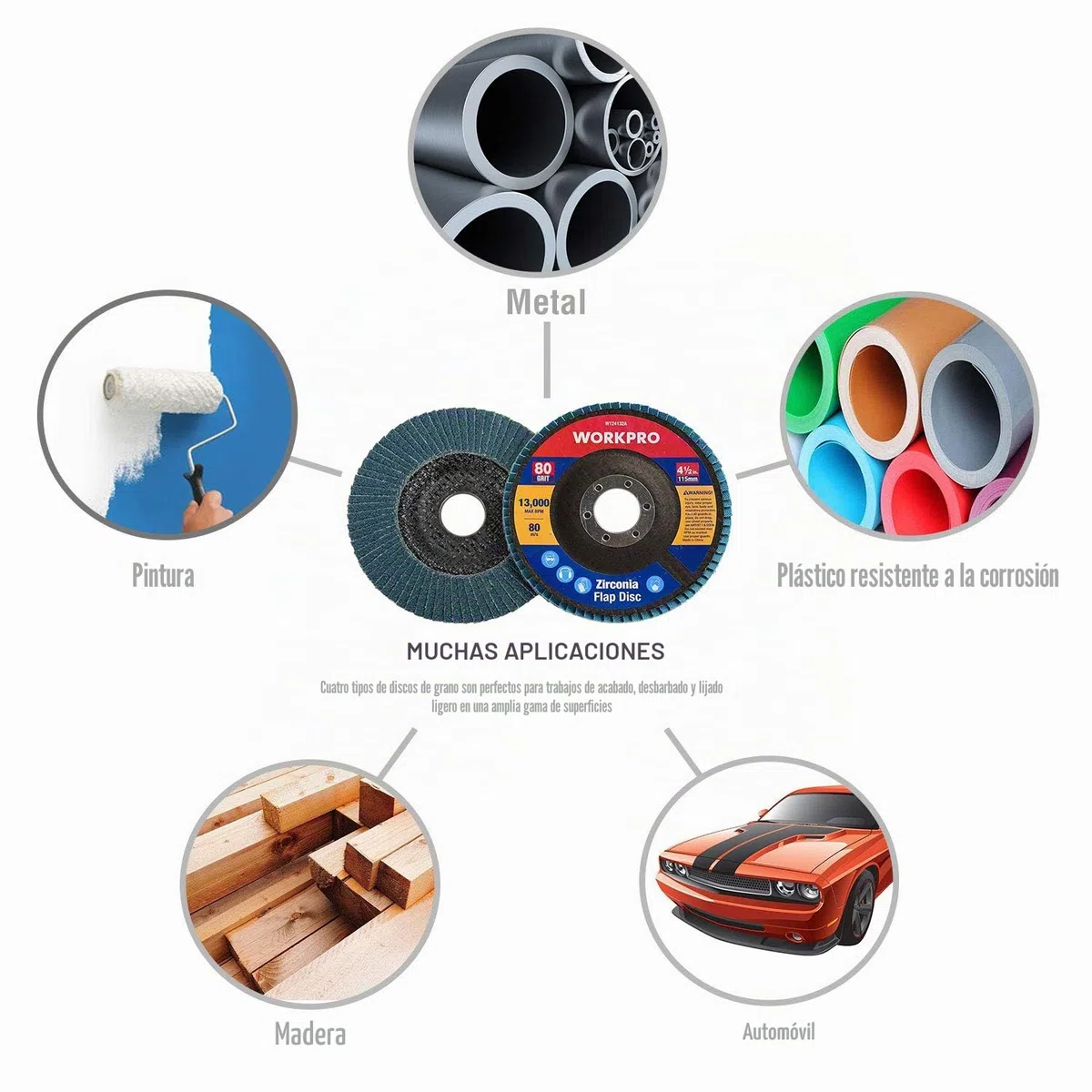 WORKPRO - Discos abrasivos de 10 piezas, discos de cuchillas ø115 mm, discos de 80 granos para amoladoras angulares para acero inoxidable, metal/acero y madera