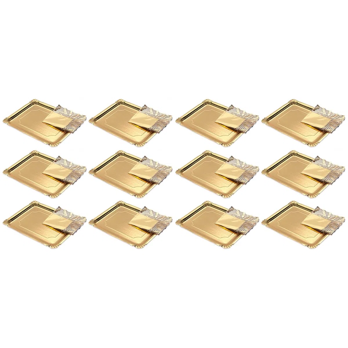 Tradineur - Pack de 12 bandejas y blondas rectangulares - Fabricación de cartón que incluyen blondas caladas 100% reciclables - Apto para uso alimentario - 38 x 31 cm - Color Dorado