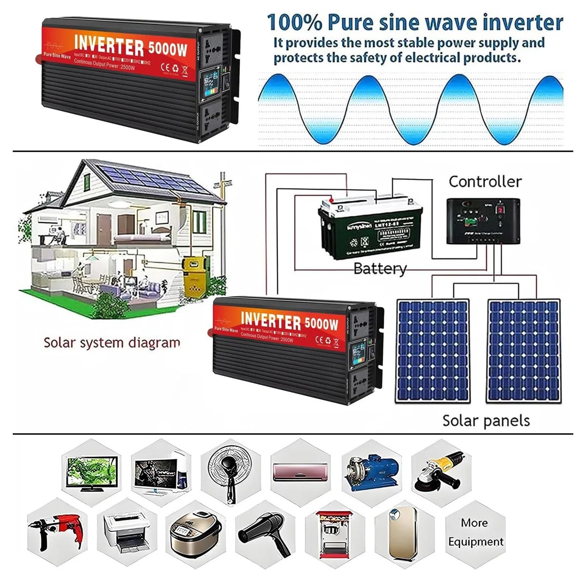 Inversor Solar HíBrido 3000W-6000W Pico, Inversor Onda Sinusoidal Pura | Tomas De Ca Y Pantalla Lcd, Inversor De 48V Cc A Ca De Onda Sinusoidal Pura, Inversores En Paralelo(5000W)