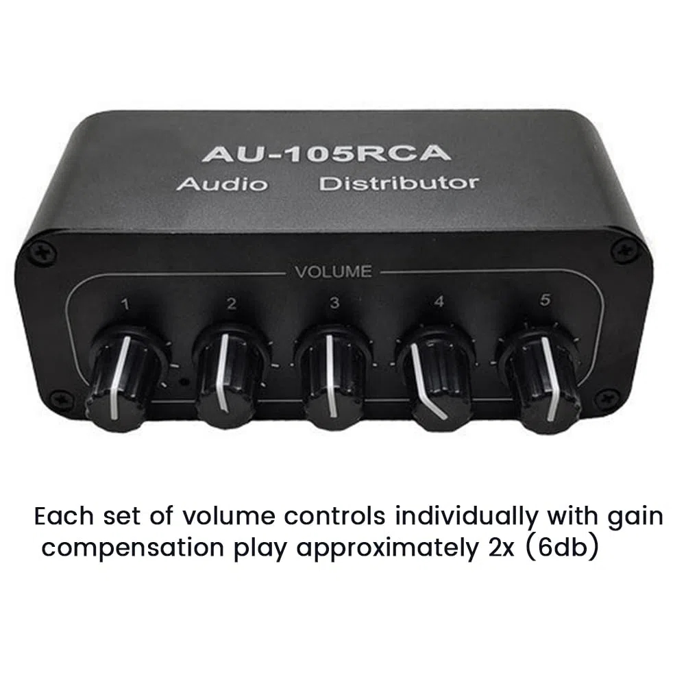 Distribuidor de audio de 5 canales, mezclador de audio estéreo, divisor de 1 entrada y 5 salidas para amplificador de potencia, audio activo, duradero, fácil de instalar