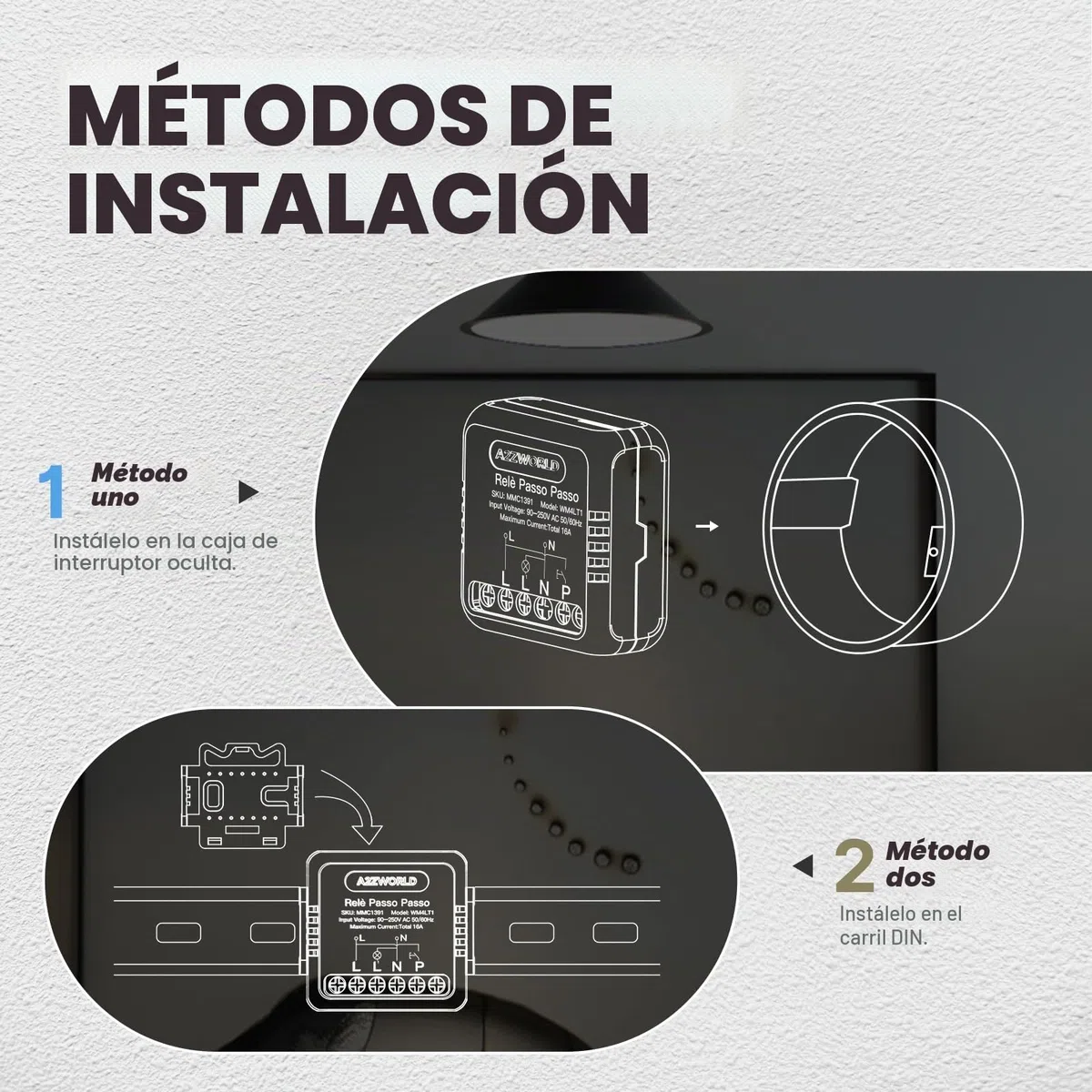 Relé Paso a Paso Electrónico Silencioso 230V 16A, Step Impulse Relay Con Memoria para Iluminación, Encapsulado Compacto 40x40x18mm, IP20, 1 Contacto NA, Controlable desde Múltiples Pulsadores