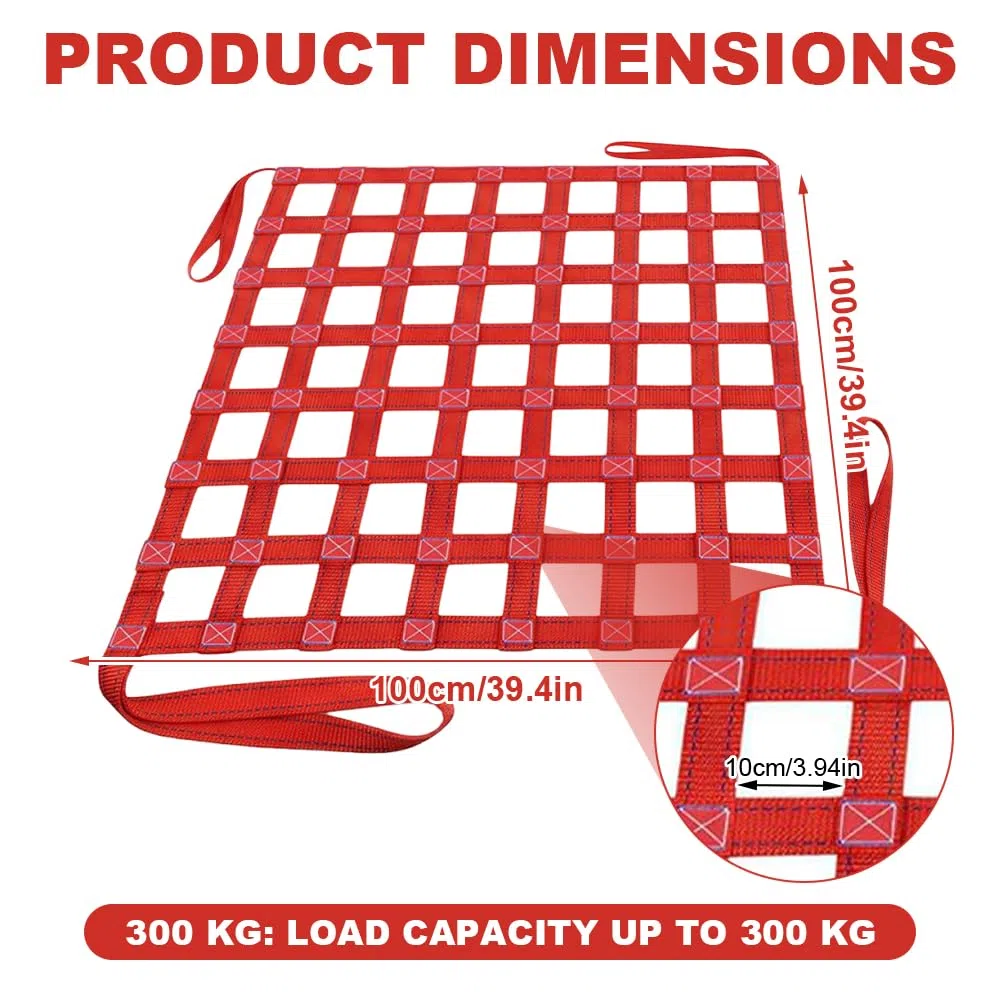 Red de Elevación de Carga, 1 x 1m Red de Carga de Elevación de Poliéster con 300kg Capacidad Malla de Poliéster Resistente con 4 Correas de 1m Ideal para Almacenes, Talleres y Construcción