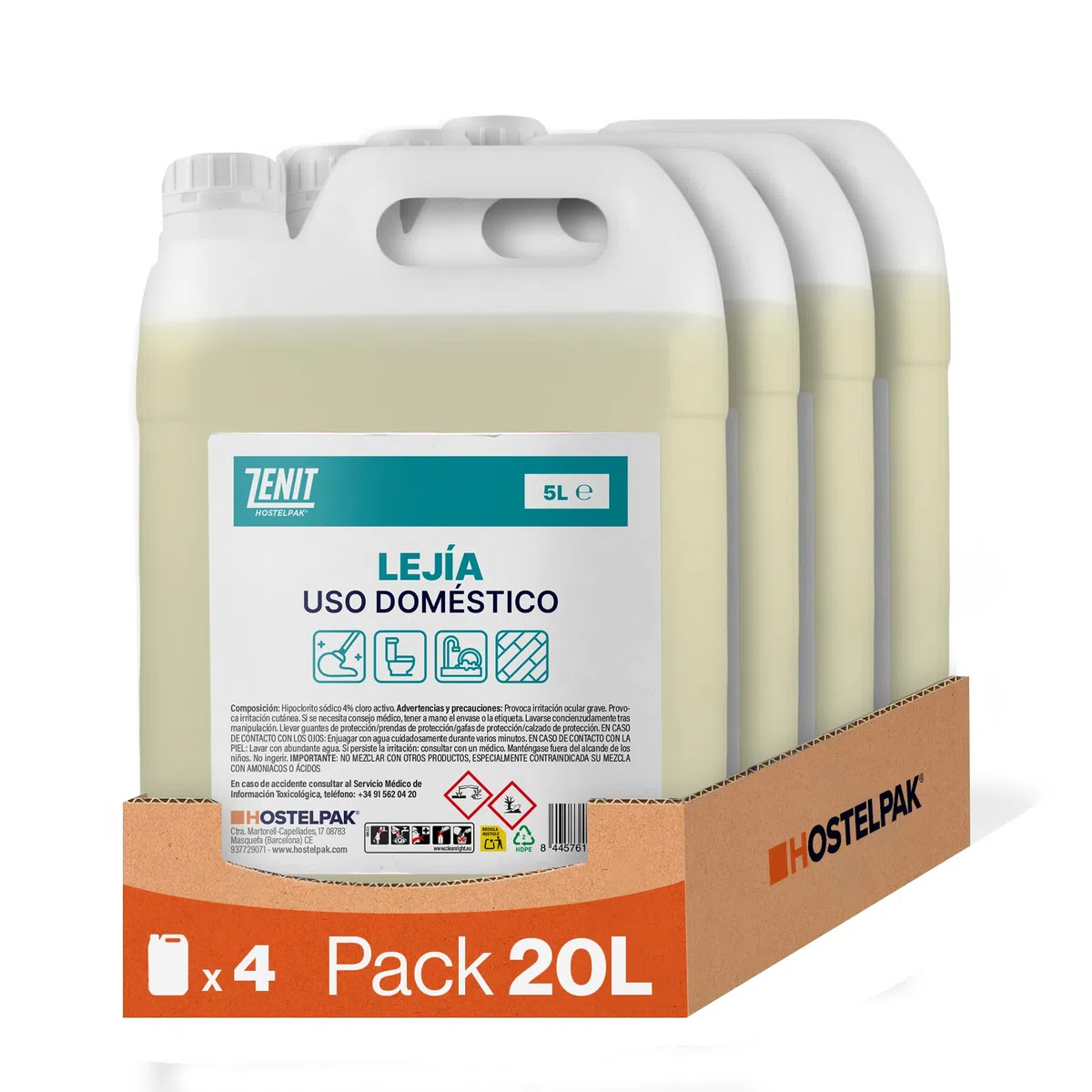 4 x 5 l | Lejía Doméstica con 4% de Cloro Activo | Solución de Limpieza Multiusos para Hogar | Uso doméstico