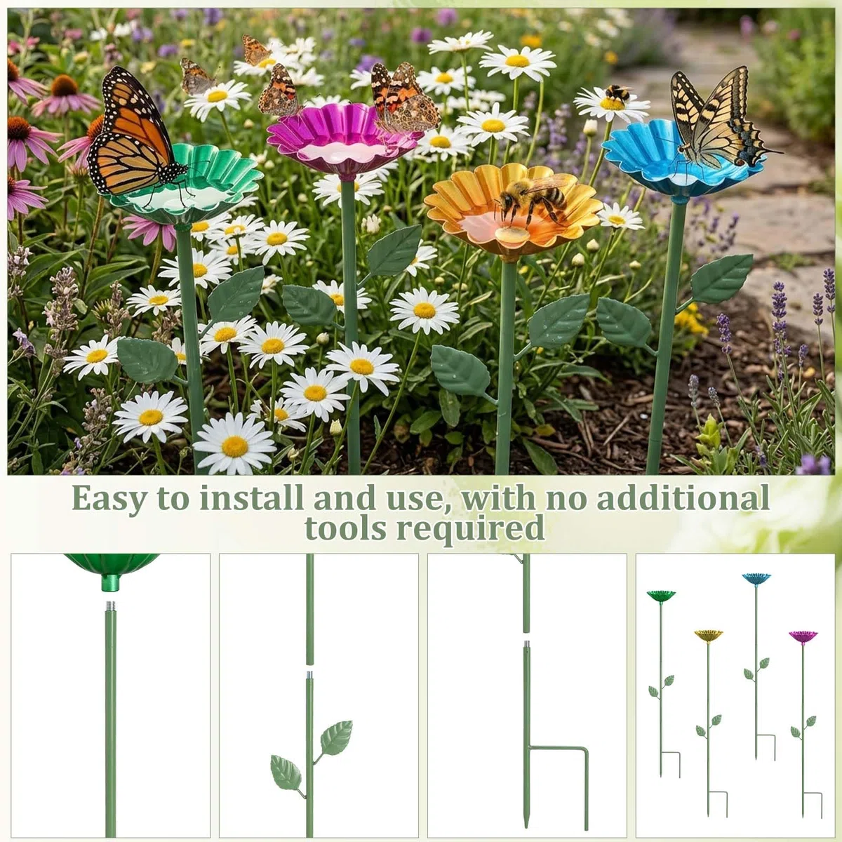 4 PCS Bebedero para Abejas de Jardín, Bebedero para Insectos en Flor de Metal 63 cm, Estacas Decorativas para Mariposas y Polinizadores, para Maceta, Césped, Parterre, Balcón, Terraza y Patio