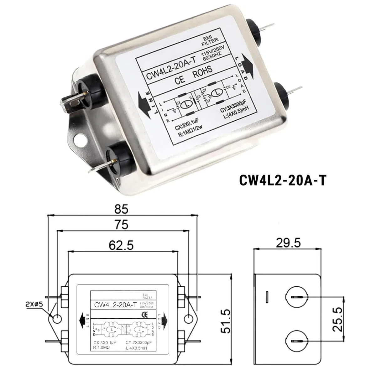 Filtro Emi de Línea de Alimentación, 115 V/250 V, 20 A, 50/60 Hz, Módulo de Filtro de Potencia Emi Cw4L2-20A-T, Terminal de Filtro Emi de Acondicionador de Línea Con Orificio de Tornillo de Montaje