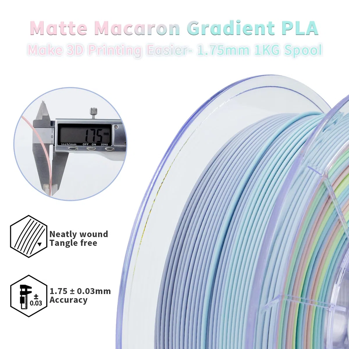 ZIRO Filamento para Impresora 3D, Filamento PLA Mate 1.75mm, Filamento PLA Multicolor Arco Iris, 1KG/2.2lb, Color Macaron