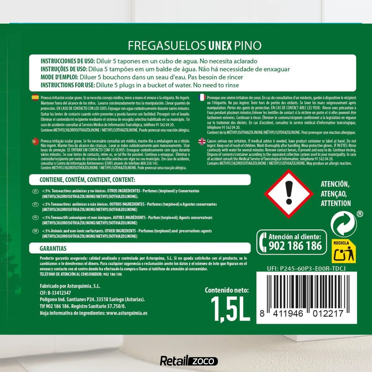 Friegasuelos aroma Pino, Limpiador de suelos olor a Pino, Con un perfume intenso y duradero, Combate malos olores, ideal para conseguir un suelo reluciente y no dejar huellas,4 botellas de 1.50 Litros