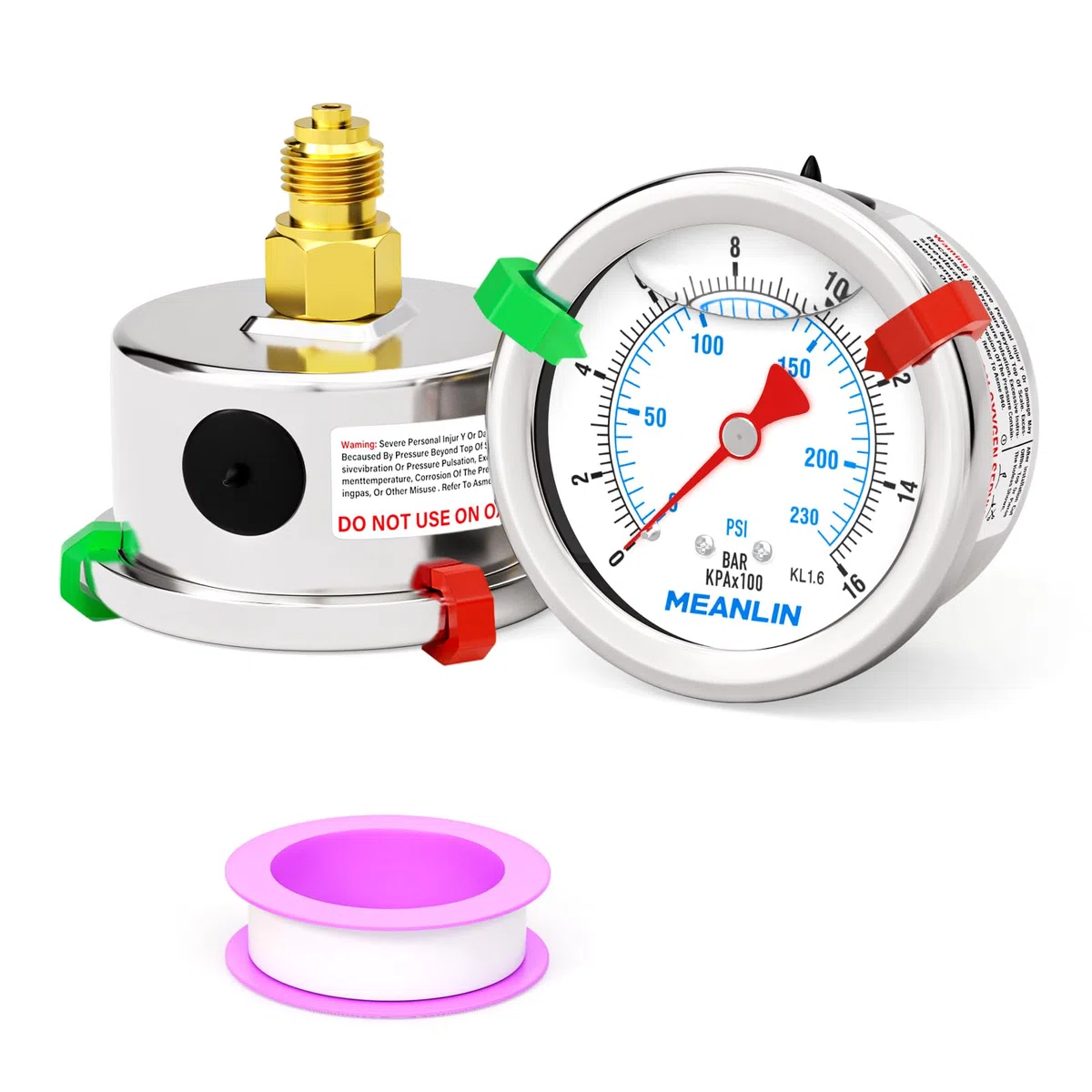 MEANLIN MEASURE 0~16Bar/0~230Psi Manómetro de 1/8" BSP con esfera de 1.5", manómetro de acero inoxidable relleno de líquido,Montaje posteriore(con 2 piezas de broches).