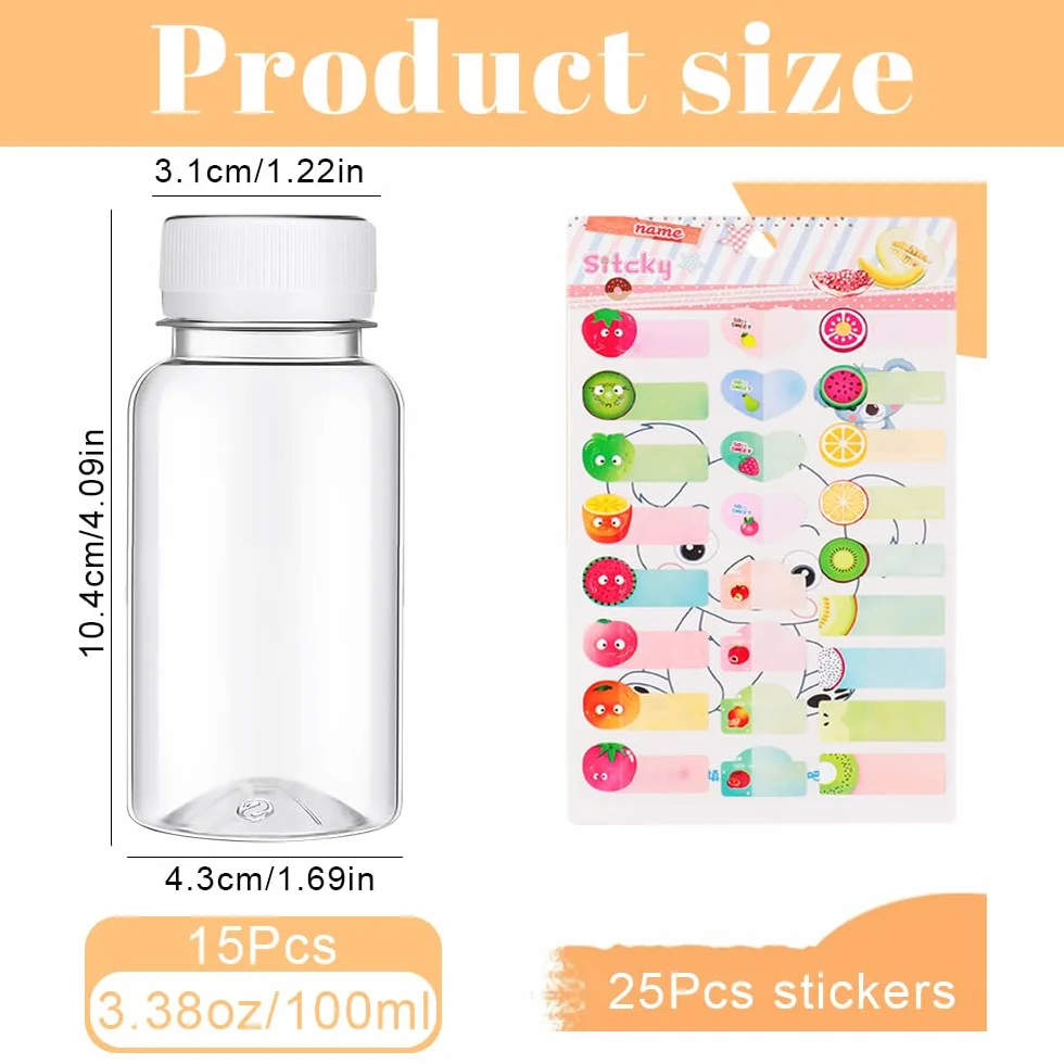 15 botellas de jugo con tapas, 100 ml, botellas pequeñas reutilizables de alto sellado, mini botellas de plástico con adhesivo para jugos de frutas, bebidas de agua (negro)