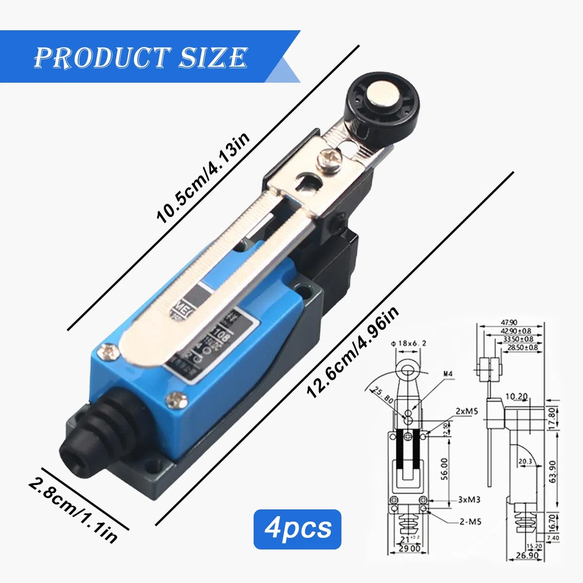 4 unidades de interruptores de límite ajustables: interruptor de límite Lever 1NC 1NO con palanca de 5 cm ajustable, interruptor de cambio automático ME-8108 Limit Switch, interruptor de posición