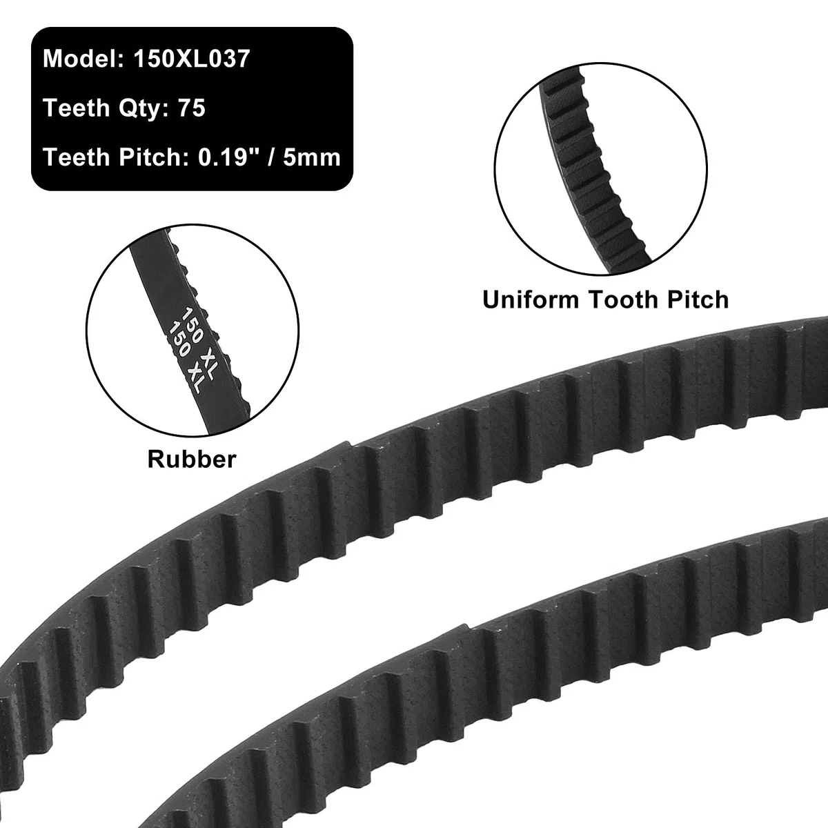 2 correas dentadas 150XL 037 de 75 dientes, correa dentada de goma negra de 10 mm (150XL037)