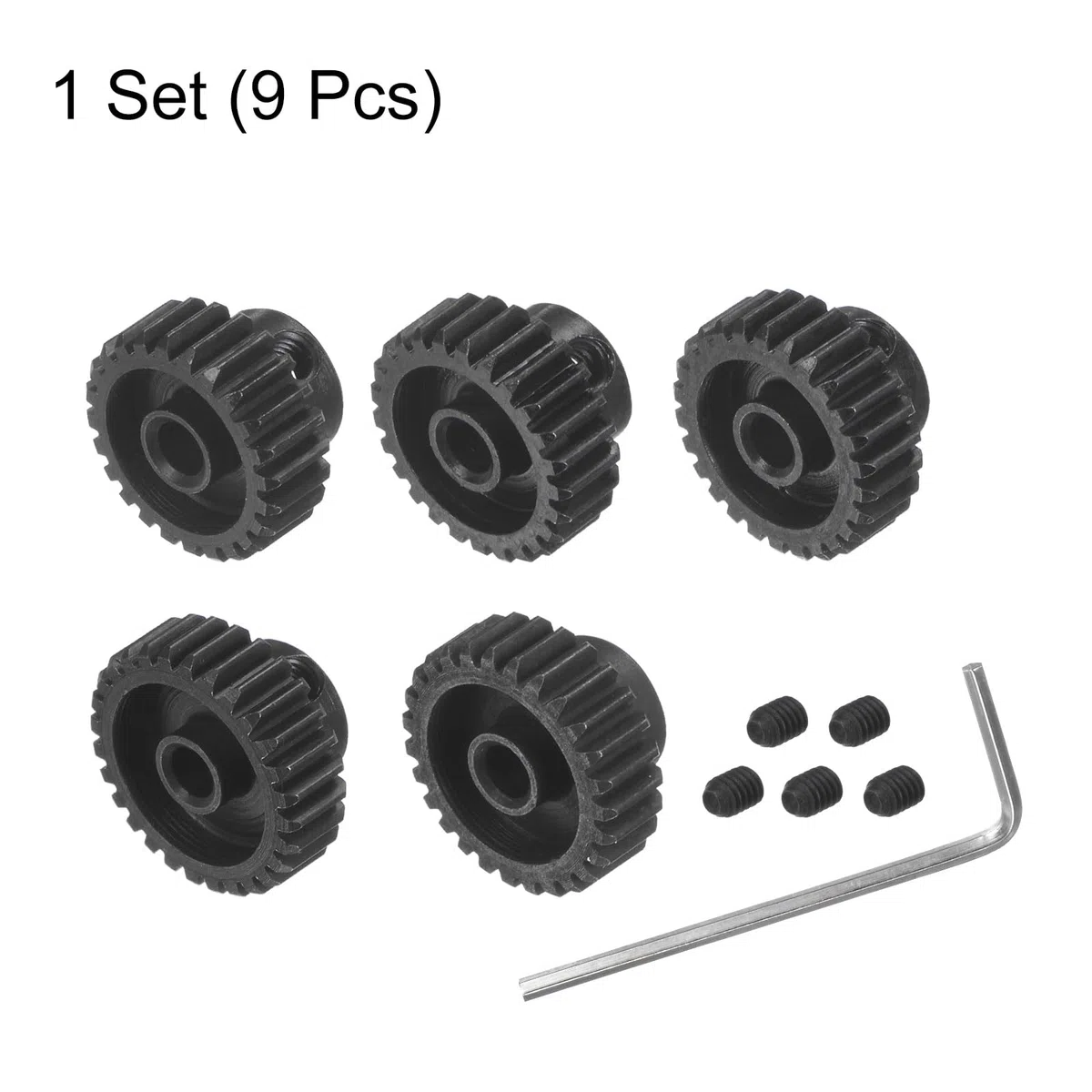 sourcing map Piñón Endurecido 48P, Engranajes de Motor Kit 5Pzs 24T 25T 26T 27T 28T para Eje de Motor RC de 1/8 Pulgadas, Engranajes de 48 Pasos para Coche RC, con Llave Hexagonal
