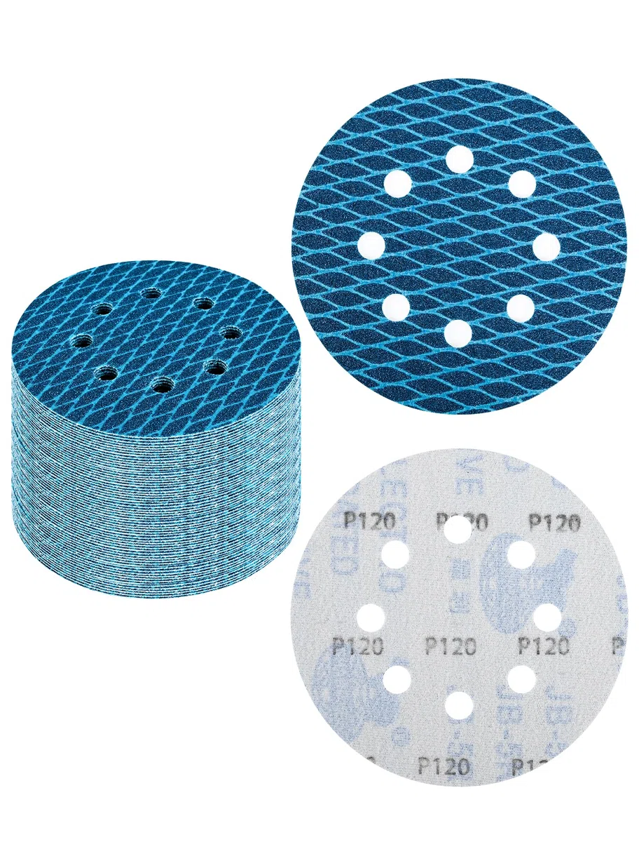 Discos de Lijado Azules 125 mm (5") - Forma de Diamante - Grano 120-32 Unidades - Sistema Hook and Loop Anti-Atascos - 8 Agujeros - Para Lijadoras Orbitales y de Disco