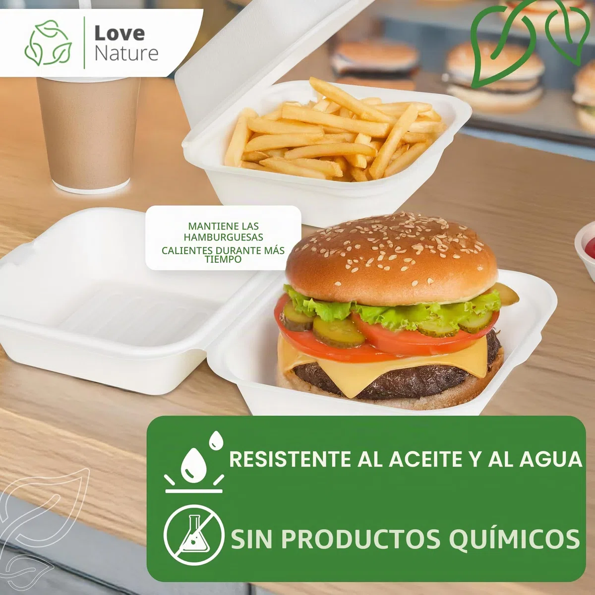 Love Nature Embalaje ecológico para hamburguesas - Cajas para hamburguesas - Bandejas para menús - Vajilla desechable de caña de azúcar - Caja para menús desechable