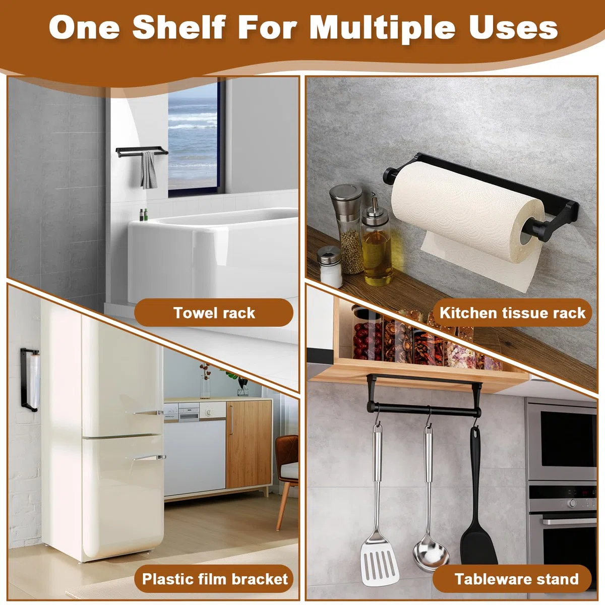 Portarrollos Papel Cocina, Soporte Papel Aleación Aluminio, Porta Rollo Montaje Pared Autoadhesivo y Perforación, Accesorios Higiénico, Porta Rollos para Baño & Salón (Negro)