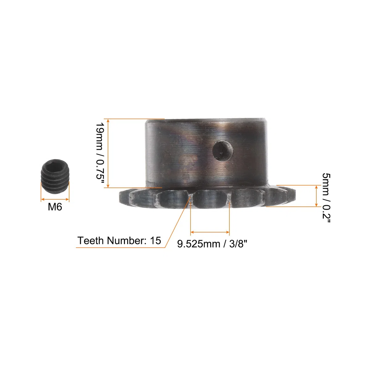 sourcing map 06B Rodillo Cadena Piñón 15T Paso 3/8" 18mm Diámetro A3 Carbono Acero Motor Accionamiento Engranaje