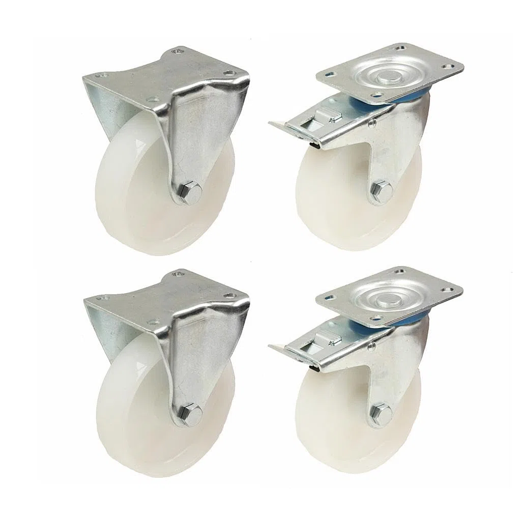 100mm 4 Ruedas Nylon Pulgadas Pesados Fija y Ruedas con Freno Set 150kg Cada - Set de 4