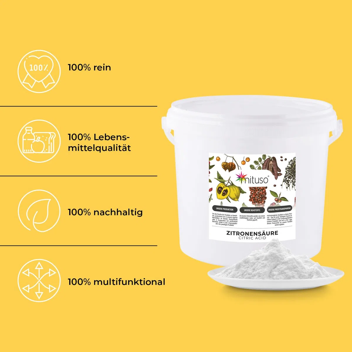 mituso 5 kg de ácido cítrico en polvo monohidrato, calidad alimentaria, ácido cítrico puro E330, sin OGM, ideal para limpiar, descalcificar, limpiar, cocinar, hornear (5 kg (1 unidad)