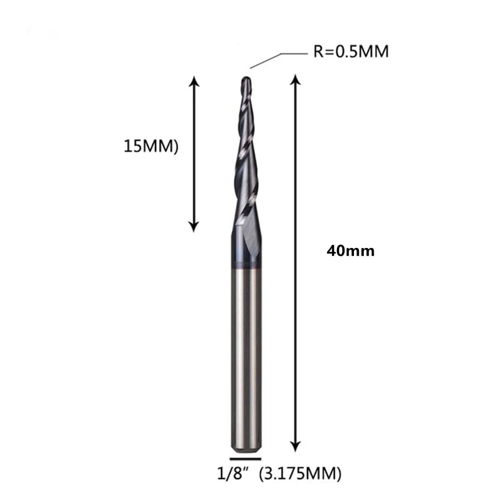 4pcs Fresa Cónica de Carburo Cortador CNC para Aluminio Metal y Madera ,Radio de Bola 0,25-1 mm Recubrimiento de TiAlN